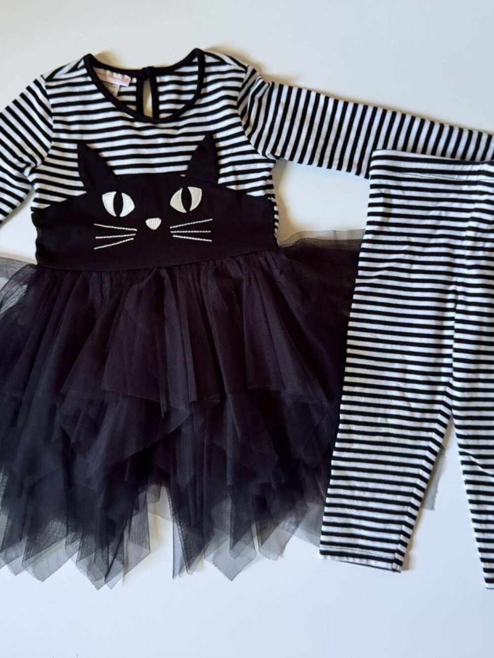 3T Bonnie Jean Black Cat Tutu Dress & Leggings Black White Stripe